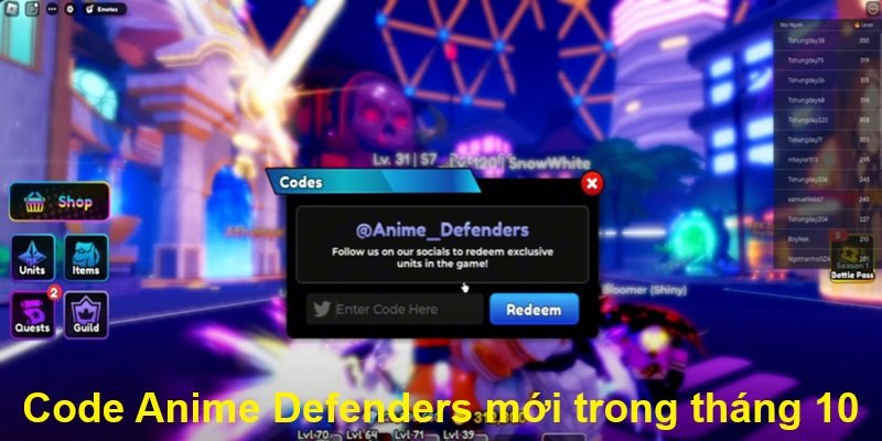 Code Anime Defenders mới trong tháng 10